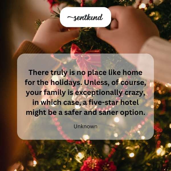Festive holiday decorations adorn a luxurious hotel lobby, suggesting a comfortable and elegant alternative to a chaotic family gathering.