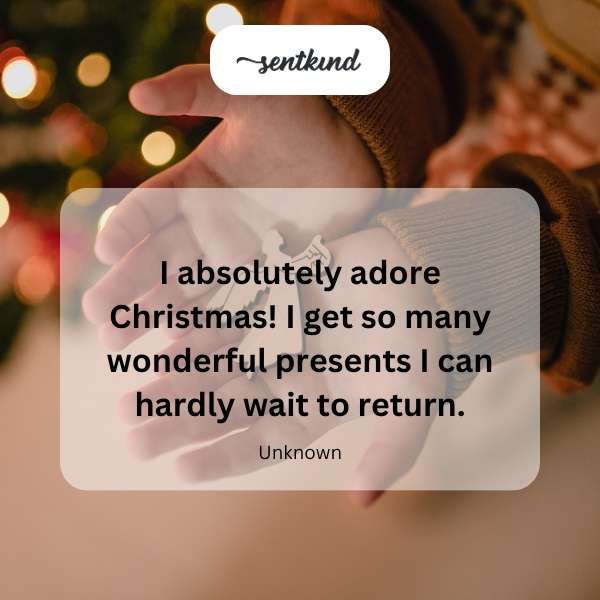 A person eagerly unwraps Christmas gifts with a conflicted expression.