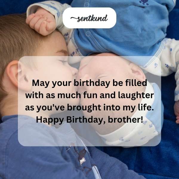 Two brothers laughing and celebrating a birthday together.