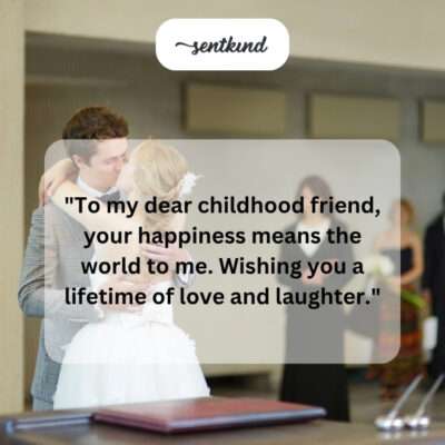 A childhood friend smiling brightly at their wedding.