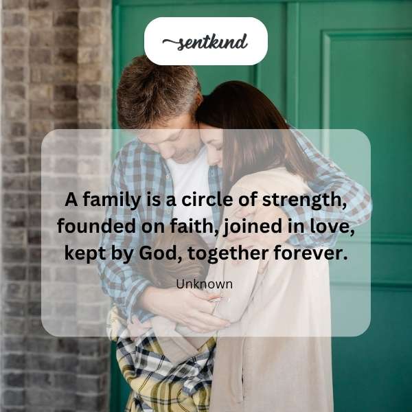 A circular arrangement of diverse hands symbolizes a family united by faith and love.