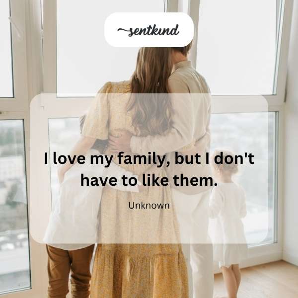 A family gathers, some smiling, others with neutral expressions, in a slightly chaotic but warm-toned living room.