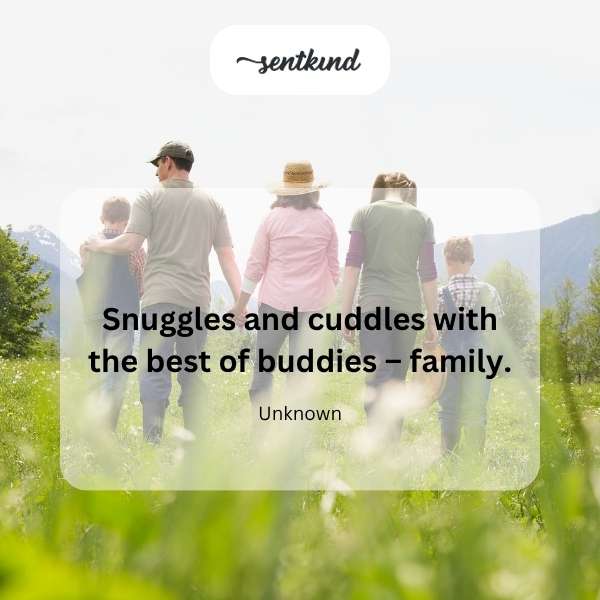 A family is sharing a warm embrace, conveying love and affection.