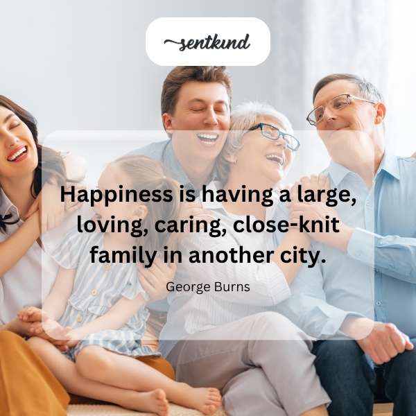 A smiling family gathers in a sunlit living room across a cityscape.