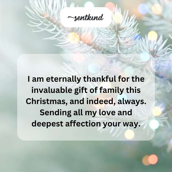 A warmly lit Christmas tree stands amidst a family exchanging gifts and smiles, creating a scene of joyful togetherness.