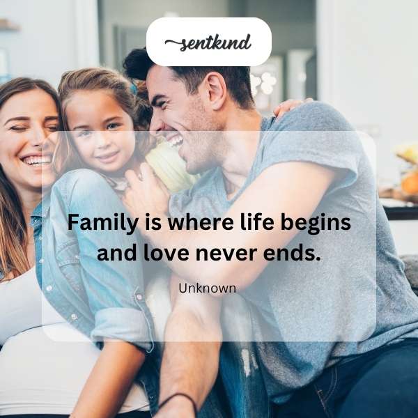 A blended family of cartoon characters laughs together happily.