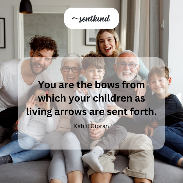 A parent's hands hold a child like an arrow on a drawn bow, aimed towards a bright future.