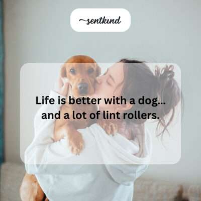  A person using a lint roller on their clothes with a dog nearby.