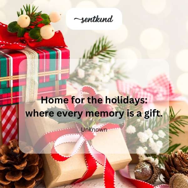 A warmly lit living room scene with a decorated Christmas tree and presents, suggesting a cozy holiday atmosphere.