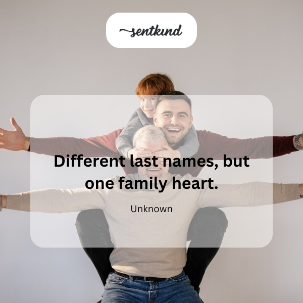 Diverse family members smiling together, representing unity despite different last names.