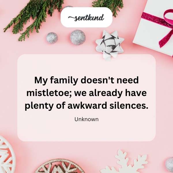 A family gathers uncomfortably in a living room decorated for Christmas.
