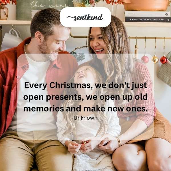 A warmly lit Christmas tree stands surrounded by a family exchanging gifts and smiles, embodying the spirit of holiday memories.