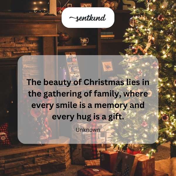 A multigenerational family is gathered around a Christmas tree, exchanging gifts and smiles.
