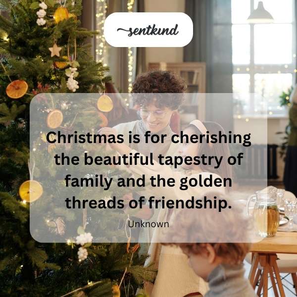A warmly lit Christmas tree surrounded by a diverse family exchanging gifts and laughter.