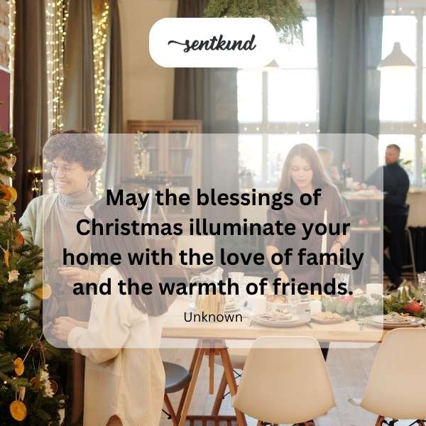 A festive Christmas scene with a warmly lit home, surrounded by family and friends.