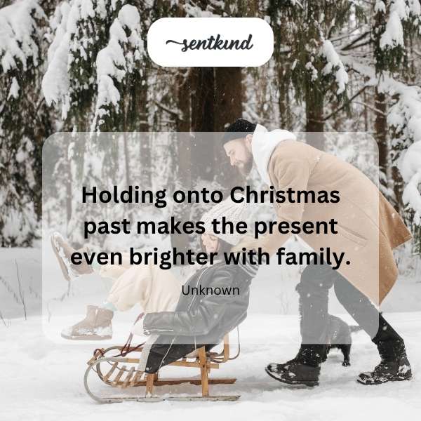 A warmly lit Christmas tree surrounded by family members opening presents.