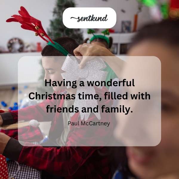A festive Christmas gathering shows friends and family celebrating together.