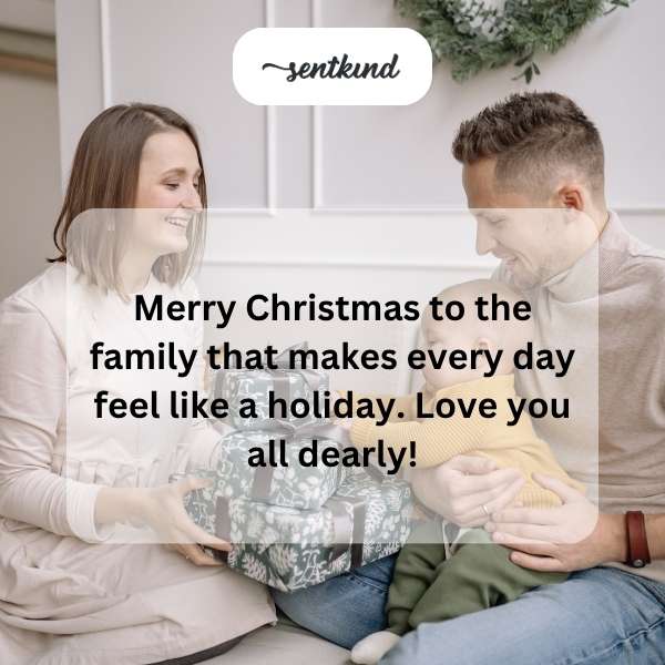 A family gathers around a decorated Christmas tree, exchanging gifts and smiles.