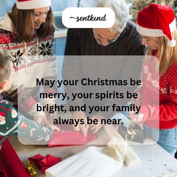 A festive Christmas scene with decorations and family members gathered together.