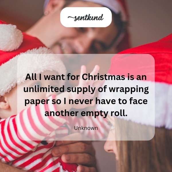 A mountain of colorful wrapped gifts towers over a person looking overwhelmed, with a mostly empty roll of wrapping paper in the foreground.