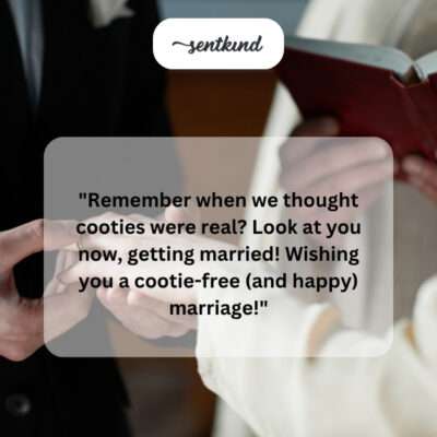 Childhood friends share a laugh at a wedding.
