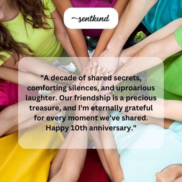 Two hands hold a photo album open to a page filled with images, symbolizing a decade of friendship.