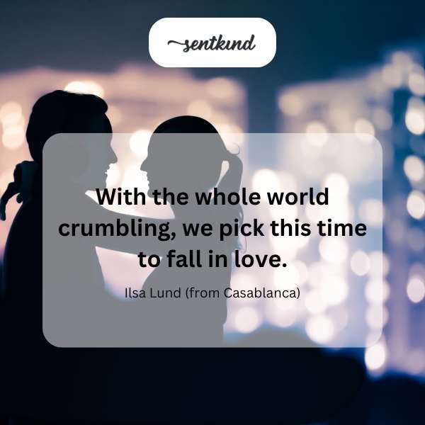A classic black and white film still conveys romance amidst turmoil.