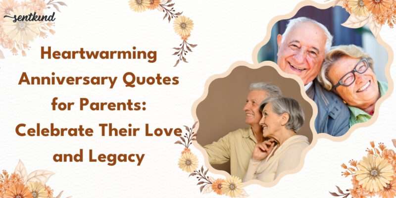 Smiling elderly couples celebrating their anniversary, framed by floral decorations and love-themed design
