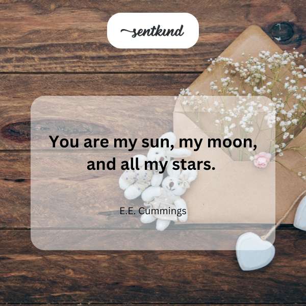A glowing sun, crescent moon, and twinkling stars are scattered across a dark sky.