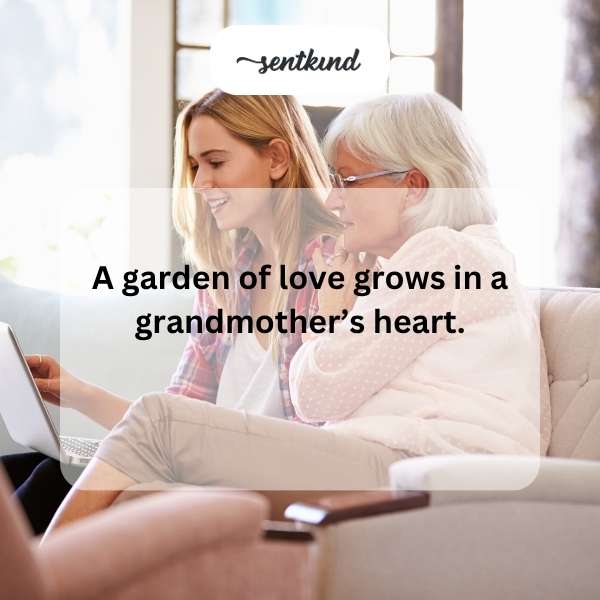 An elderly grandmother tends to vibrant flowers in a sunny garden, symbolizing the nurturing growth of love.