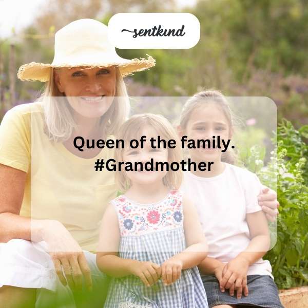 A smiling grandmother is pictured surrounded by her adoring family members.