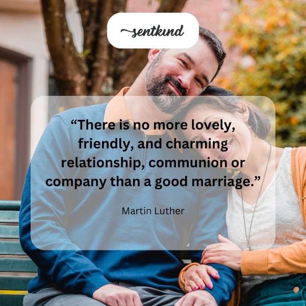 A happy couple smiles at their wedding.
