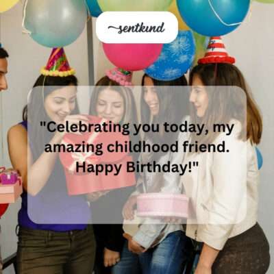 A nostalgic photo showing two friends smiling warmly and holding hands, symbolizing their enduring childhood bond during a birthday celebration.