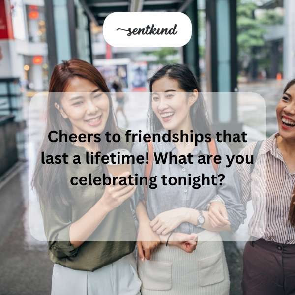 A group of diverse friends smiling and raising glasses in a toast at a lively party.