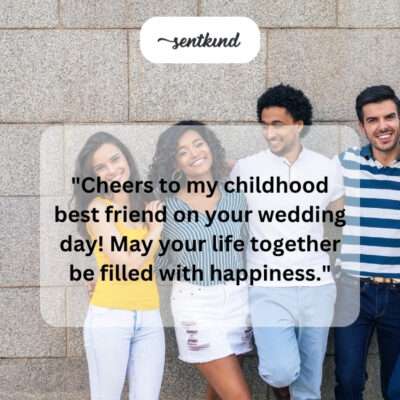 A person smiles warmly at their childhood best friend, now a bride or groom, during a wedding celebration, conveying deep affection.