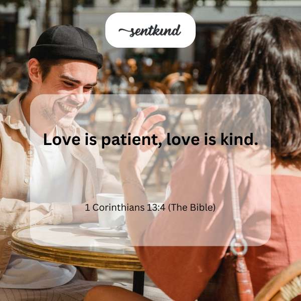 Calligraphic text reading 'Love is patient, love is kind' on parchment.