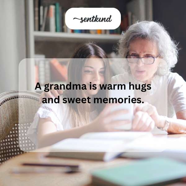 A grandmother lovingly hugs her grandchild in a warm, sunlit room.