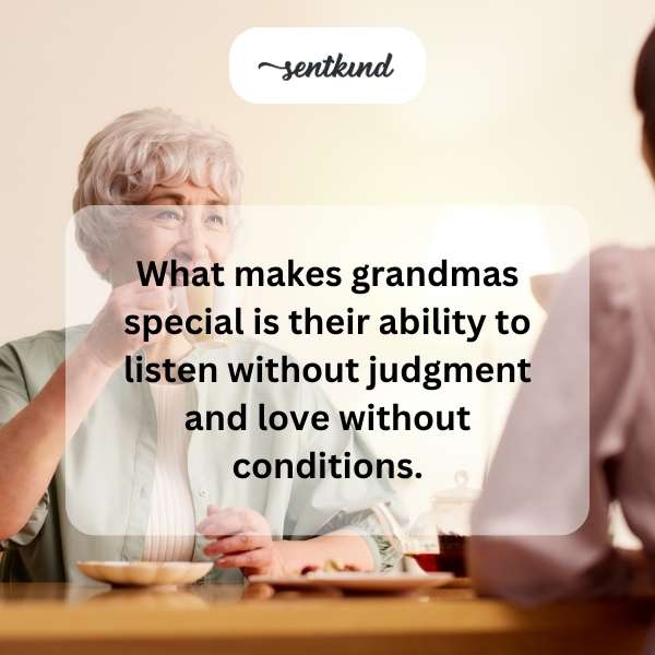 A kind grandmother attentively listens to her grandchild sharing a story in a warm, comforting home setting.