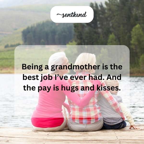 A joyful grandmother is tightly hugging her laughing young grandchild.