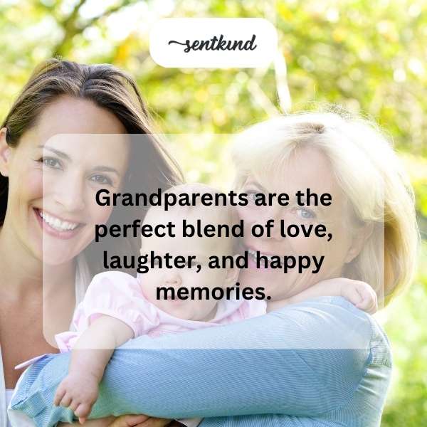 A smiling grandmother and grandfather are sharing a warm moment with their grandchildren, creating a happy family memory.
