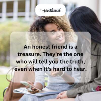 Two friends sit closely together, one speaking with a serious expression while the other listens attentively.