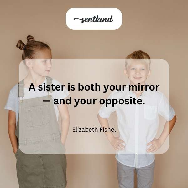 Two sisters stand back to back, one looking into a hand mirror reflecting her twin who is facing away, highlighting both their likeness and differences.