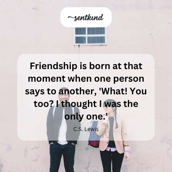 An image depicts two individuals sharing a look of surprise and recognition as they discover a mutual experience or thought.