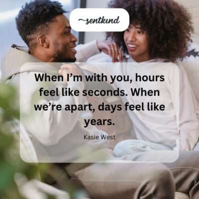 A split image depicting a couple laughing together with fast-moving clock hands on one side and a person alone looking at a slow-moving clock on the other, illustrating the difference in time perception when together or apart.