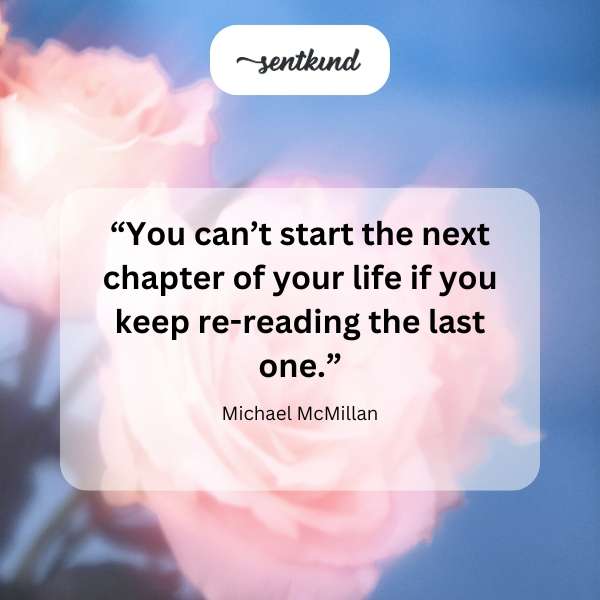 An open book with blurred pages symbolizes moving forward.