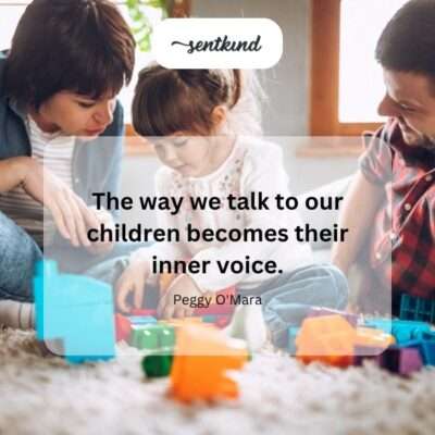 A gentle adult figure speaking softly to a small child, symbolizing the formation of the child's inner monologue.