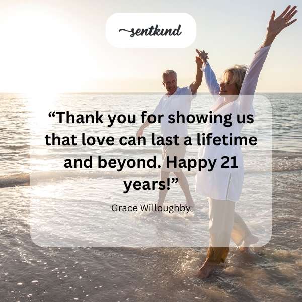 A couple celebrates their 21st anniversary with a heartfelt message.