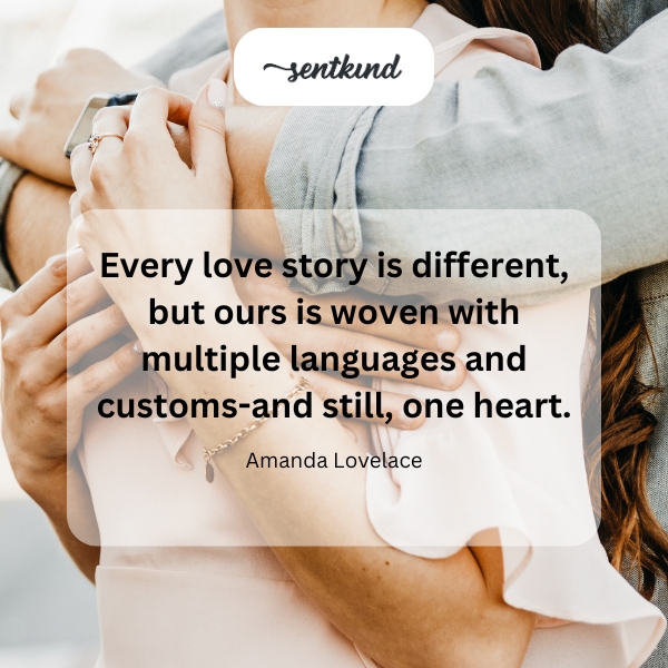 Intertwined hearts surrounded by script in various languages symbolize a unique love story.