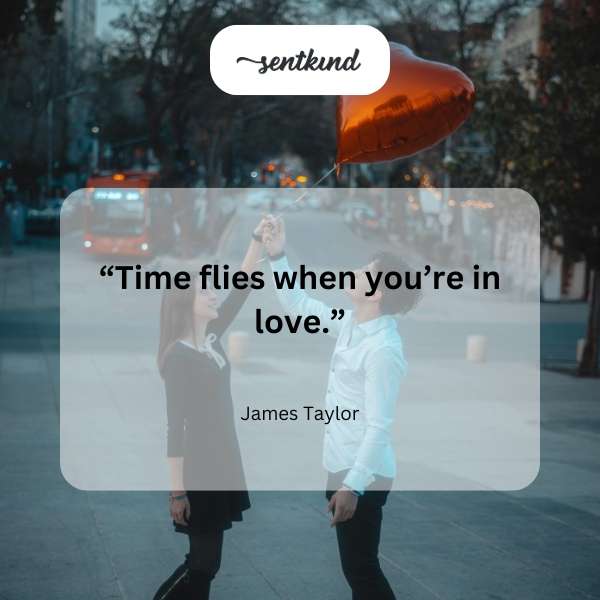 A clock with wings soaring through a sky filled with hearts.