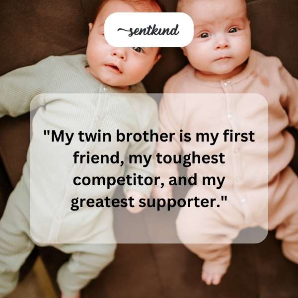 Two young men, likely twins, stand back-to-back smiling, symbolizing their close bond.